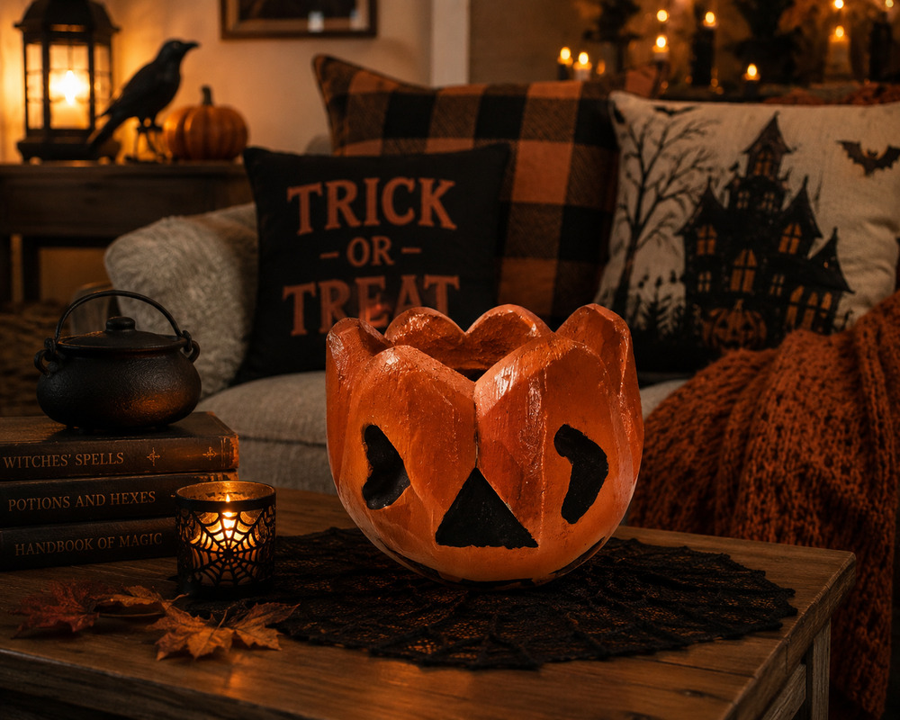 Vintage Handcrafted  Jack O Lantern Halloween Decor Rustic Pumpkin Candle Holder